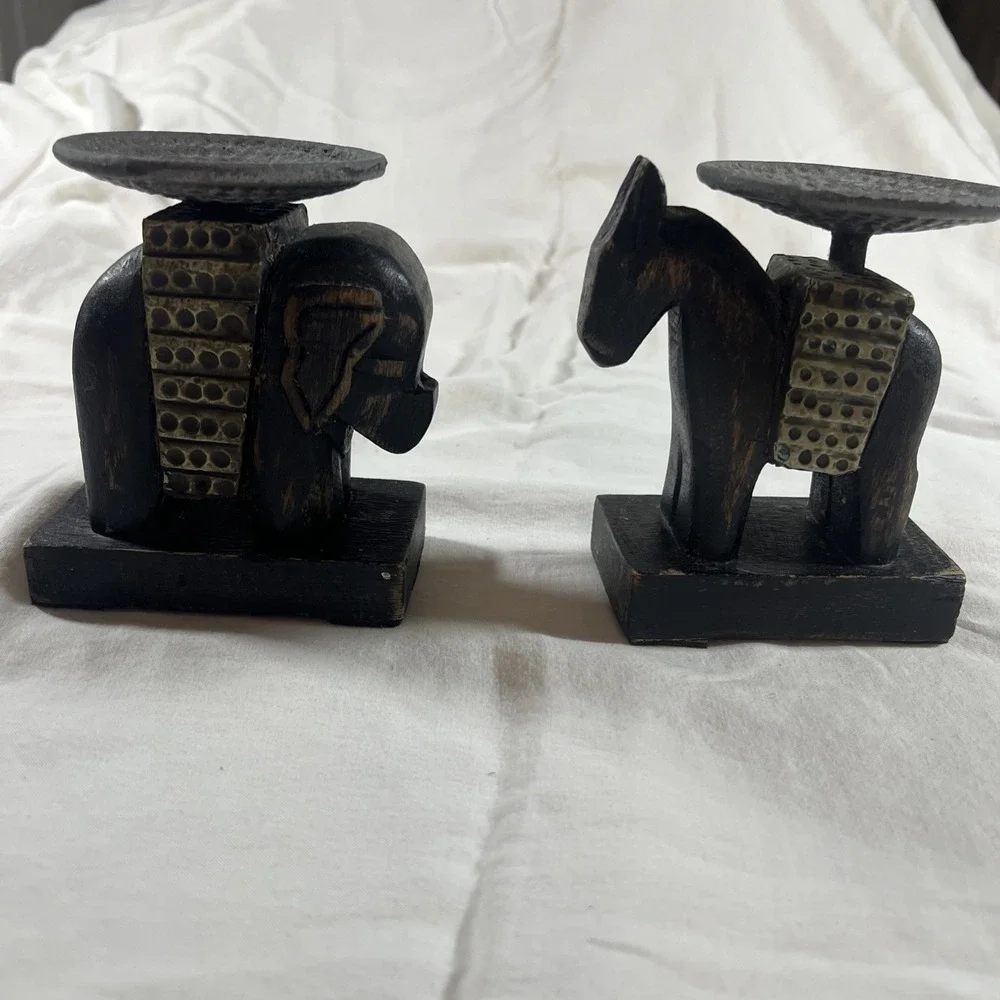 Vintage Carved‎ Wood Horse & Elephant Candle Holders Set Brass Accents Folk Art
